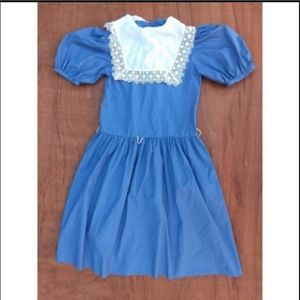 Vintage cottage core blue white lace bib puffer sleeve dress 7